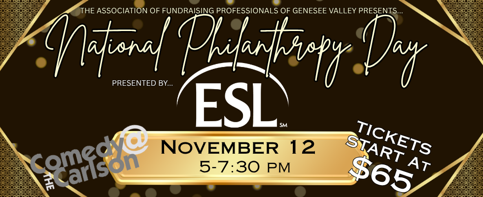 2025 NPD Award Celebration banner - black and gold lettering with the AFPGV logo and Comedy at the Carlson logo