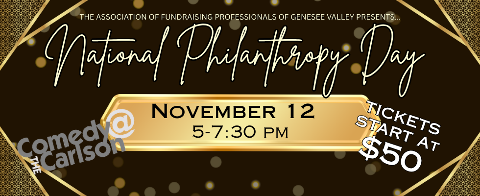 2025 NPD Award Celebration banner - black and gold lettering with the AFPGV logo and Comedy at the Carlson logo